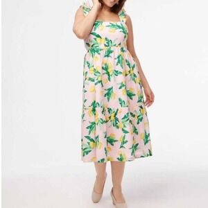 J Crew Pink Lemon Print Tiered Ruffle‎ Square Neck Midi Dress Pockets Resort 16